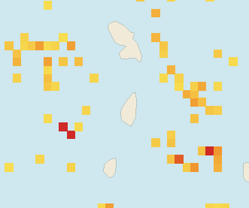Satellite floating-algae map near Saint Lucia West Coast, Jan 2022 (opens full map image in a new tab)