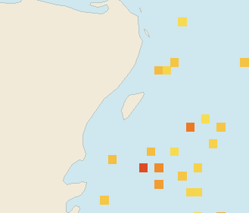 Satellite floating-algae map near Cozumel (west coast), Sep 2022 (opens full map image in a new tab)