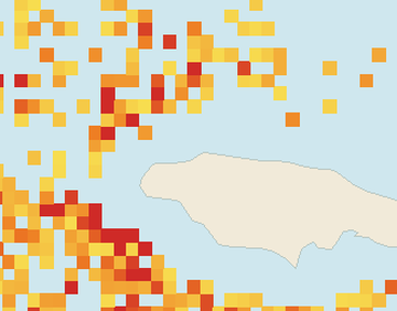 Satellite floating-algae map near Montego Bay, Aug 2025 (opens full map image in a new tab)
