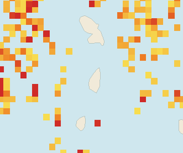 Satellite floating-algae map near Saint Lucia West Coast, Aug 2025 (opens full map image in a new tab)