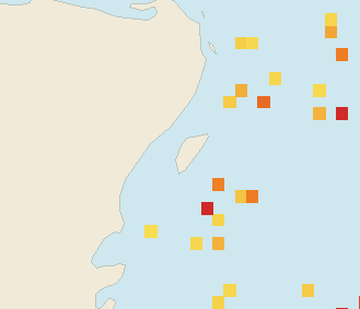 Satellite floating-algae map near Cozumel (west coast), Jan 2026 (opens full map image in a new tab)