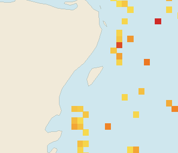 Satellite floating-algae map near Cozumel (west coast), Mar 2026 (opens full map image in a new tab)